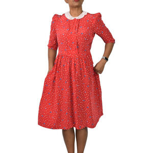 Belle France Dress Red Floral Midi Puff Sleeves Yoked Silky Rayon Vintage Small
